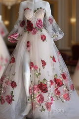 Flowers Appliques Princess A Line Champagne Evening Prom Dresses With Slit