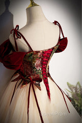 Flowers Champagne Long Tulle Evening Prom Dresses with Straps