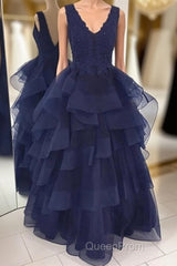Fluffy V Neck Backless Navy Blue Lace Long Evening Prom Dresses, Open Back Navy Blue Lace Formal Dresses, Navy Blue Lace Evening Dresses, Ball Gown