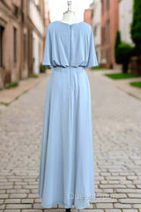 Flutter Sleeves Chiffon Sky Blue Bridesmaid Dresses with Sash Bow Max Dresses