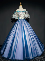 For Your Big Night Blue Ball Gown Tulle Off the Shoulder Puff Sleeve Quinceanera Dress
