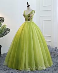 Fresh Green Tulle V Neck Long Lace Up Senior Evening Prom Dresses With Applique