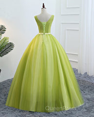 Fresh Green Tulle V Neck Long Lace Up Senior Evening Prom Dresses With Applique