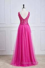 Fuchsia A-Line Long Evening Prom Dresses Plunging V Neck Floral
