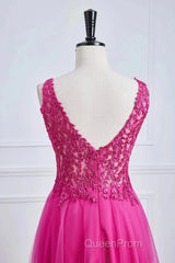 Fuchsia A-Line Long Evening Prom Dresses Plunging V Neck Floral