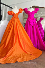 Fuchsia A Line Long Evening Prom Dresses with Puff Sleeves