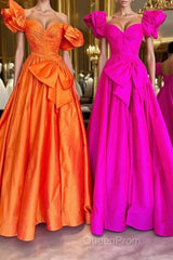 Fuchsia A Line Long Evening Prom Dresses with Puff Sleeves