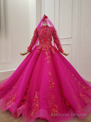 Fuchsia Ball Gown High Neck Long Sleeve Appliques Beading Wedding Dress