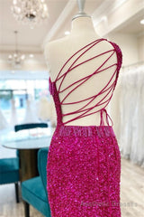 Fuchsia One Shoulder Lace-Up Sequins Homecoming Dress with Tassels