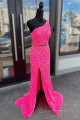 Fuchsia Sequins One Shoulder Cut-Out Tassels Long Evening Prom Dresses With Slit