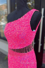 Fuchsia Sequins One Shoulder Cut-Out Tassels Long Evening Prom Dresses With Slit