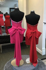 Fuchsia Strapless Beaded Bodycon Short Homecoming Dresses with Bow