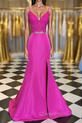 Fuchsia V Neck Two Pieces Mermaid Lace Top Satin Long Evening Prom Dresses with Slit, Mermaid Lace Fuchsia Formal Graduation Evening Dresses
