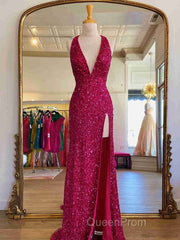 Backless Royal Blue Sequins Evening Prom Gown with Slit