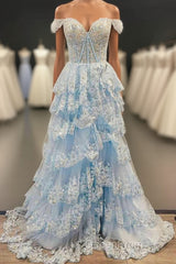Light Blue Corset Lace Tiered Tulle Long Formal Dresses