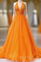 Elegant Orange Halter A-Line Long Party Dresses