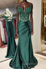 Mermaid Emerald Green Straps Ruched Evening Prom Dresses with Slit