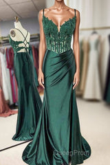 Mermaid Emerald Green Straps Ruched Evening Prom Dresses with Slit