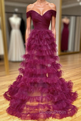 Off the Shoulder Burgundy Pleated Sheer Tiered Evening Prom Dresses