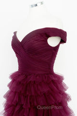 Off the Shoulder Burgundy Pleated Sheer Tiered Evening Prom Dresses