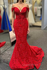 Off the Shoulder Red Sheer Lace Corset Mermaid Evening Prom Dresses