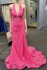 Halter Hot Pink Lace Ruched Mermaid Evening Prom Dresses