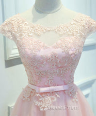 Pink Lace Tulle Short Evening Prom Dresses, Pink Evening Dresses