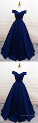 Navy Blue Satin V Neck Off Shoulder Prom Dresses, Long Evening Gowns