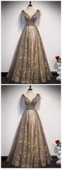 Elegant V Neck Gray Gold Tulle Lace Long Prom Dress, Tulle Formal Dress