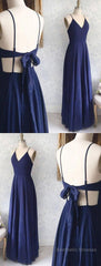 Great Evening Dresses, Backless Sexy Spaghetti Straps Backless Navy Blue Chiffon A Line Floor Length Prom Dress