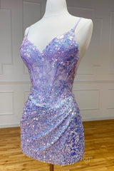 Purple Straps Sequined Embroidery Sheath Homecoming Dresses