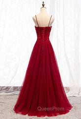 Gemgrace Burgundy Evening Prom Dresses, Long Tulle Evening Dresses With Straps