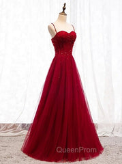 Gemgrace Burgundy Evening Prom Dresses, Long Tulle Evening Dresses With Straps
