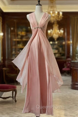 Gentle Pink Sheath Chiffon Ribbon V-Neck Simple Evening Prom Dresses