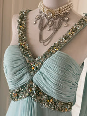 Gentle Tiffany Blue Chiffon V-Neck Beaded Sequin A-Line Long Evening Prom Dresses Wedding Evening Dresses