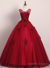 Get Your Discounts Burgundy Ball Gown Tulle Appliques V-neck Quinceanera Dress