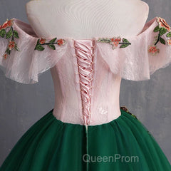 Green Off the Shoulder Floor Length Evening Prom Dresses with Appliques, Puffy Quinceanera Dresses