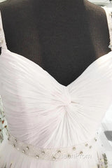 White Straps Floor Length Long Evening Prom Dresses with Lace Flowers Formal Dresses