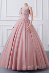 Girls Sequins V neck Dusty Rose Evening Prom Dresses A-line Tulle Ball Gown Quinceanera Dresses Sweet 16 Party Dresses