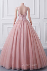 Girls Sequins V neck Dusty Rose Evening Prom Dresses A-line Tulle Ball Gown Quinceanera Dresses Sweet 16 Party Dresses
