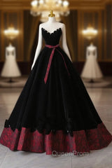 Glam Black V-Neckline Velvet Lace-Up Party Dresses, Black Velvet Floor Length Evening Prom Dresses