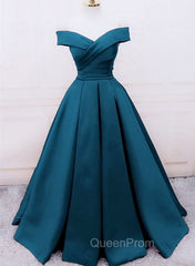 Glam Blue Satin Long Off Shoulder Party Dresses, A-line Evening Prom Dresses