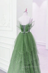Glam Green Layers Tulle Straps Beaded Long Party Dresses, Green Long Evening Dresses