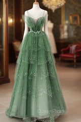 Glam Green Layers Tulle Straps Beaded Long Party Dresses, Green Long Evening Dresses