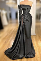 Glamorous Black Long Sleeve One Shoulder Evening Prom Dresses Beadings Evening Gowns