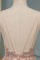 Glamorous Long A-line Sequins V-Neck Open Back Evening Prom Dresses