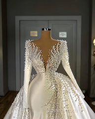 Glamorous Long Sleeve Pearls Wedding Dresses V-Neck With Detachable Train Online