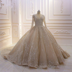 Glamorous Long Sleeve V-neck Sequin Beading Ball Gown Wedding Dresses