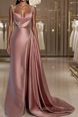 Pink Sweetheart Spaghetti Strap Evening Prom Dresses with High Slit Trail