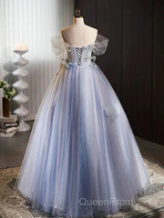 Glitter A-Line Off Shoulder Tulle Flower Quinceanera Dresses Blue Long Evening Prom Dresses Beautiful